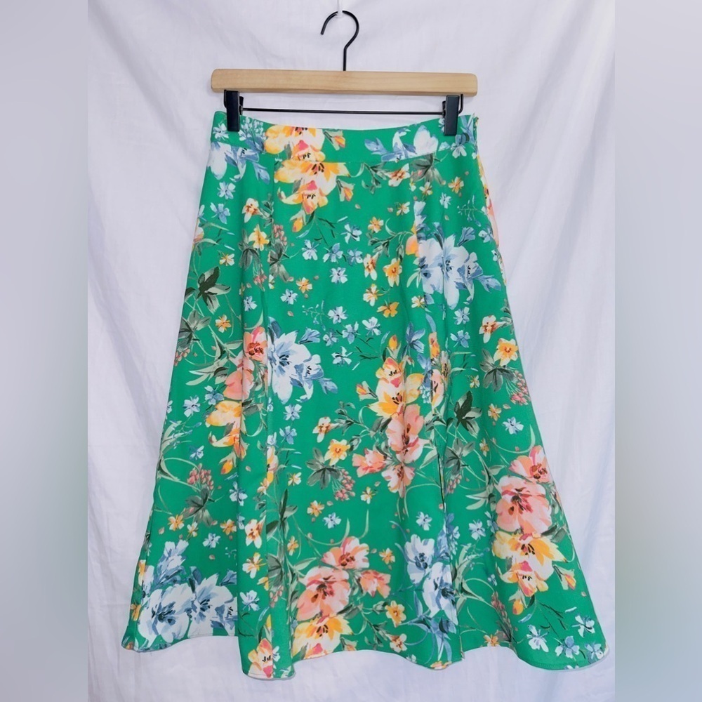 Loft Green Floral Print High Waisted A-line Knee Length Midi Skirt size 4 petite